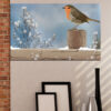 A winter scene with birds set against snow-covered ground and bare branches
