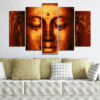 A five-panel Buddha portrait in warm golden and amber tones