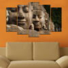 This five-piece canvas print shows a Buddha statue surrounded by traditional feng shui elements in warm earth tones and bronze