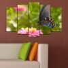 This five-panel canvas shows a butterfly resting on delicate pink and white flowers against a soft neutral background