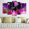 Five connected panels show white butterfly orchids with soft pink centers against a neutral background