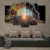 This five-piece canvas set shows digital circuit board patterns in electric blue, copper, and black