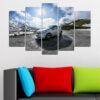 Five connected panels show a classic vintage automobile in sepia and steel tones