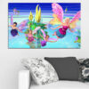 A colorful children's scene featuring bright rainbow hues and a whimsical journey theme