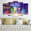 Five-panel canvas set showing the core emotions from Inside Out: Joy in yellow, Sadness in blue, Anger in red, Fear in purple