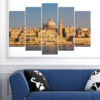 Five connected panels show a historic waterfront city with honey-colored stone buildings rising above calm blue harbor water