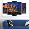 Five connected panels show Dubai's skyline after dark
