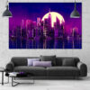 A neon-soaked cityscape rendered in pink, purple, and electric blue