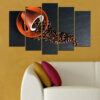 Five-panel canvas print showing a coffee cup composition in warm brown and cream tones