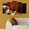 This five-piece canvas print shows coffee cups, scattered beans, and brewing equipment in warm browns and creams
