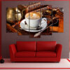 A five-panel canvas set depicting traditional coffee preparation in warm sepia and brown tones