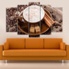 Five connected panels show coffee cups, cinnamon sticks, and scattered beans in warm browns, creams, and amber tones