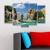 This five-piece canvas set shows layered rock formations in warm browns, beige, and rust tones