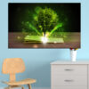 A tree grows from the pages of an open book, rendered in layered green tones with earth-brown accents