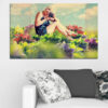 A woman's profile merges with layers of bright flowers in pink, orange, teal, and yellow