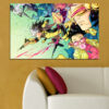Deze canvas toont manga-stijl superhelden in levendige rood, blauw, geel en groen