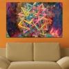 A geometric abstract composition built from overlapping color blocks in pink, teal, yellow, and coral