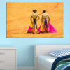 A bullfighter in traditional costume captured mid-movement, rendered in bold reds, yellows, and blues