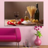 This five-piece canvas set displays Italian culinary staples: olive oil, pasta, fresh tomatoes, and herbs in warm amber and green tones