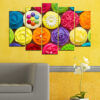 Five canvas panels show pastel-frosted cupcakes topped with fresh edible flowers in pink, yellow, and cream tones
