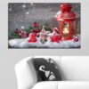 A vintage lantern glows beside frosted pine branches and red berries