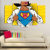 Five connected panels show a superwoman figure rendered in pop art style with bold outlines and saturated comic-book colors