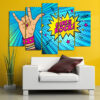 Five connected panels display bold retro lettering spelling out a rock-inspired message in vivid pop art style