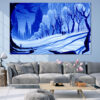 A snow-covered city street rendered in soft grays, whites, and pale blues
