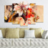 A five-panel canvas set showing Chinese rose blooms in soft watercolor style