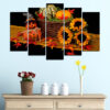 This five-piece canvas set shows Halloween pumpkins arranged with autumn leaves and seasonal decorations in warm orange, brown