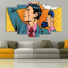 Five connected panels display pop art comic graphics with bold lettering and graphic illustration
