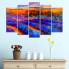 This five-panel canvas print shows a blackcurrant branch with clusters of dark purple berries and green leaves against a neutral background