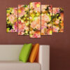 Five connected panels show flowers suspended in warm sunlight