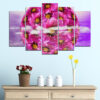 This five-panel canvas shows a reflective sphere surrounded by flowers, captured with warm amber and gold tones