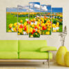 Five connected panels show rows of tulips in full spring bloom