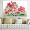 White orchids with soft petals and a butterfly rendered in warm orange tones