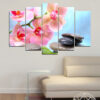 This five-piece canvas set shows white orchids resting on smooth gray river stones with water reflections