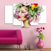 Un conjunto de cinco paneles que muestra el retrato de una mujer integrado con imágenes florales