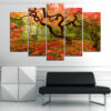 Five connected panels show an autumn forest path lined with trees in gold, amber, and rust tones