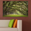 Five connected panels show a forest scene with tall trees and layered foliage in natural greens and warm earth tones