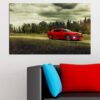 Este lienzo abstracto presenta un elemento geométrico rojo audaz sobre un fondo neutro