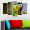 A green tree frog photographed in close detail, split across five vertical panels