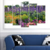 Cinque pannelli collegati mostrano fiori di lavanda in fiore