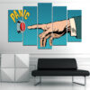 Five connected panels show a bold graphic panic button rendered in pop art style with high-contrast colors and clean cartoon lines
