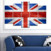 The Union Jack rendered on weathered wooden planks in red, white, and blue