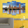 This five-panel canvas shows Big Ben and the London Eye at dusk, with the Thames River reflecting warm amber light