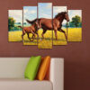 A horse portrait rendered in charcoal and warm earth tones, split across five vertical panels
