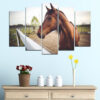 A stallion portrait split across five vertical panels in warm browns, amber, and charcoal