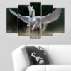 A white horse with fully spread wings fills five connected panels, set against a clouded sky
