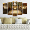 This five-piece canvas shows a modern hotel room interior with floor-to-ceiling windows framing a city skyline